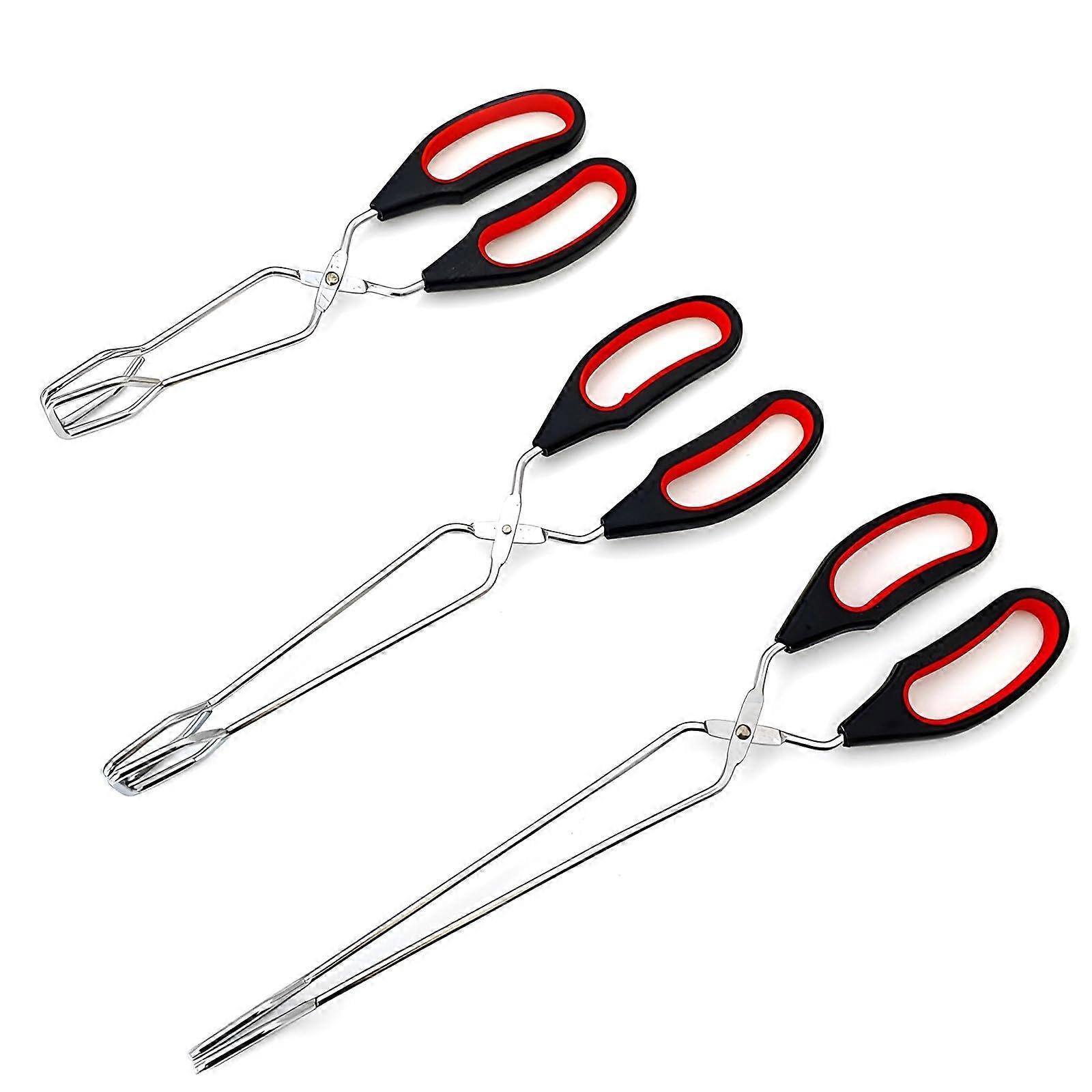Stainless Steel Kitchen Tongs Set 3 Piece BBQ Grill Tongs with Heat Resistant Red Black Handles