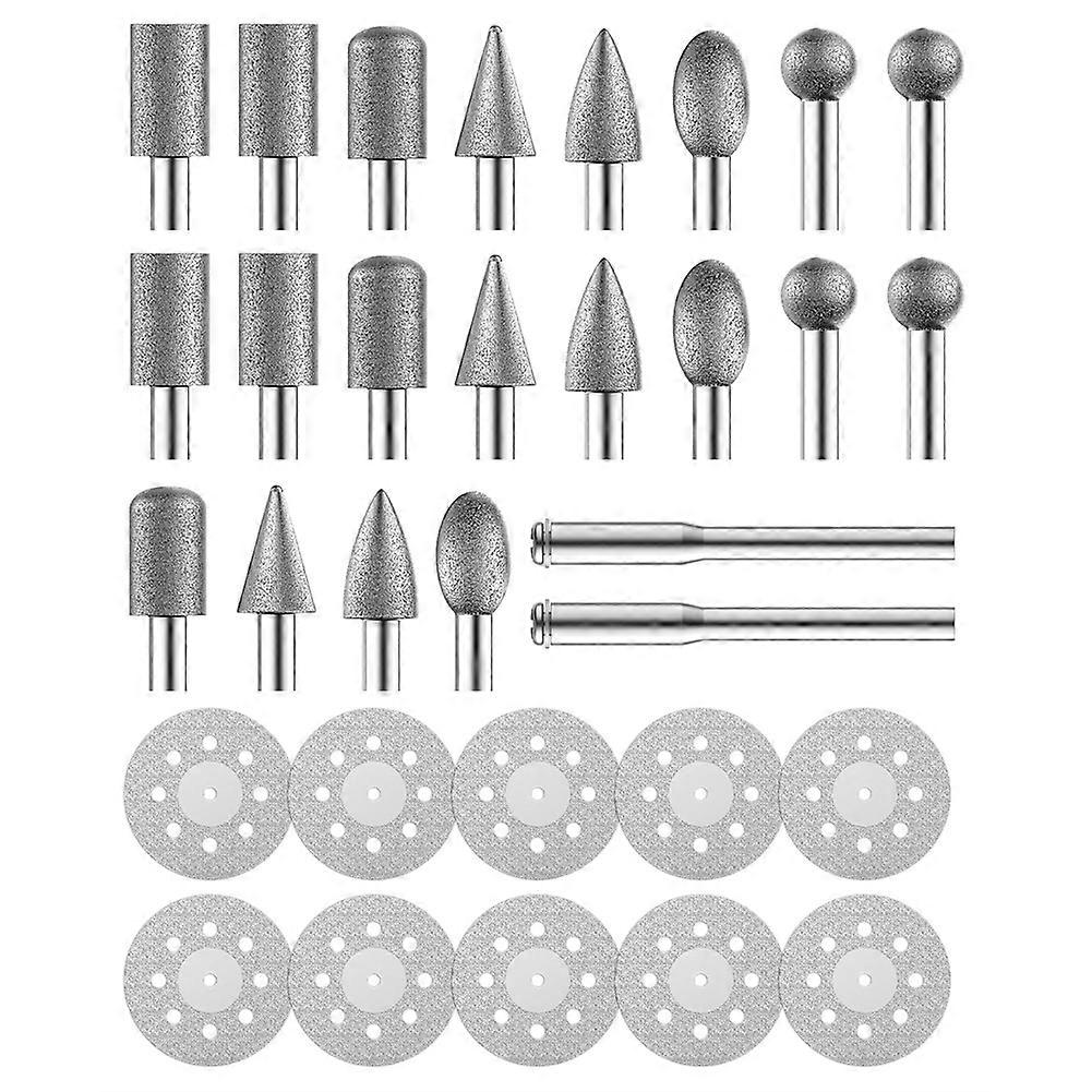 32Pcs Diamond Cutting Wheels and Grinding Bits Set 10Pcs Cutting Discs(22mm),3mm Mandrel,20Pcs Drill Bits