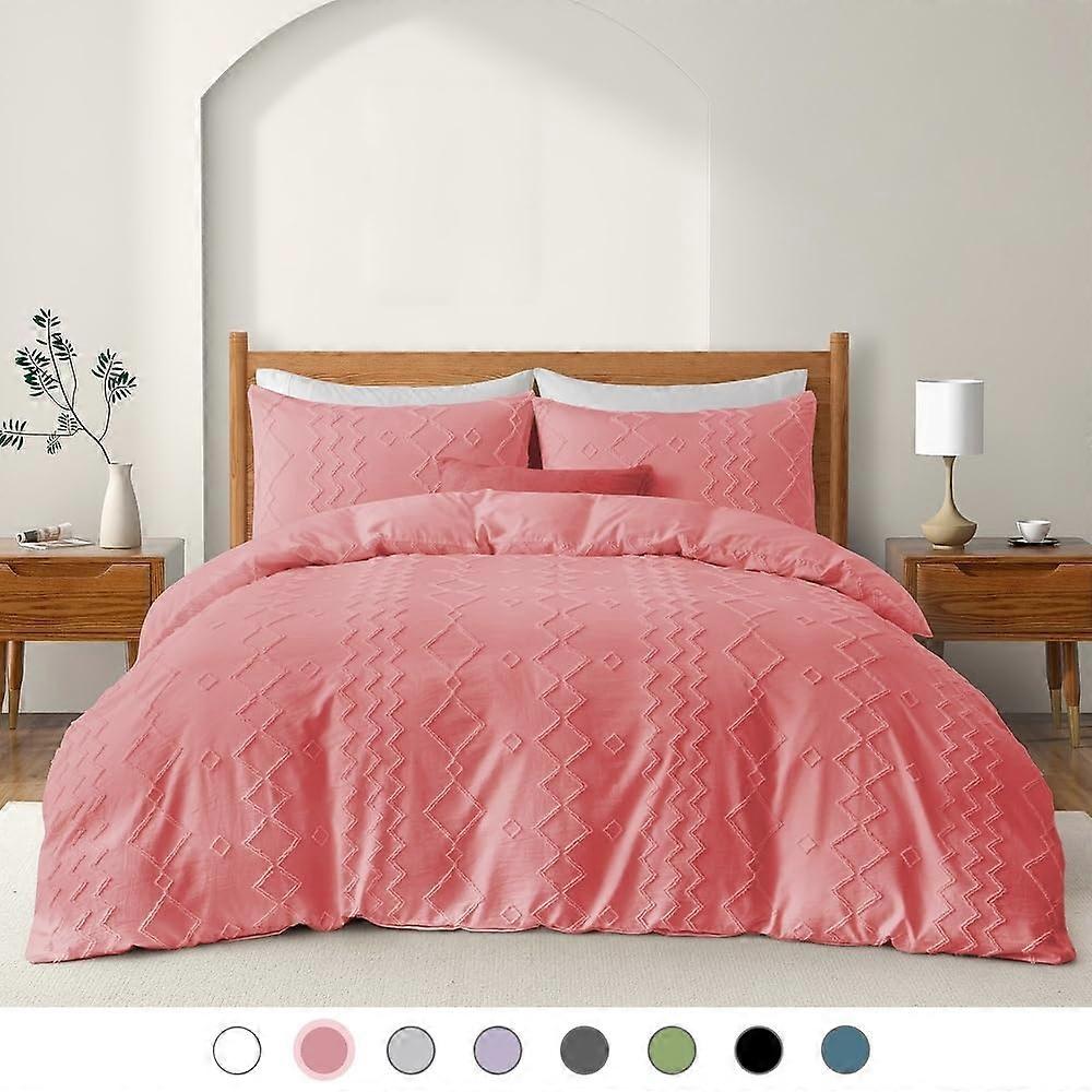 King Size Duvet Cover Set Light Pink Boho Bedding Reversible Tufted Geometric Design with Pillowcases
