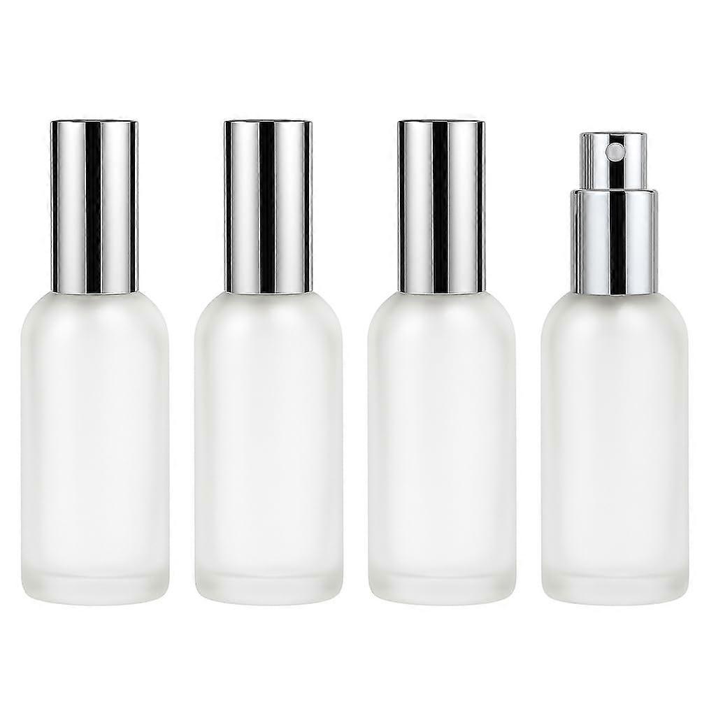 4 Pack 100ml Frosted Glass Spray Bottles Refillable Fine Mist LeakProof Travel Size with Silver Caps