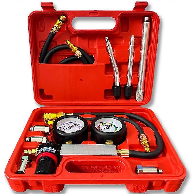 Cylinder Leak Down Tester Kit Gasoline Engine Compression Dual Gauge Tool with Extension Rod Red