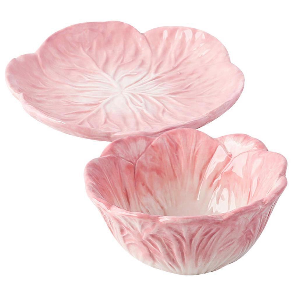 Cute Pink Cabbage Bowl and Plate Set Ceramic Food Storage Bowl for Snacks and Desserts 8.5 Inches