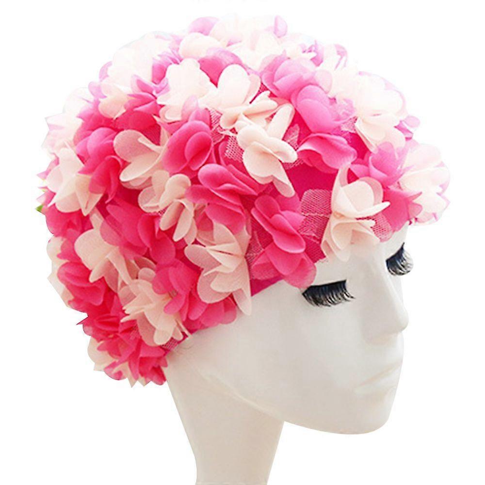 Dame Retro Blomster Print Badehette, Rosa + Rød