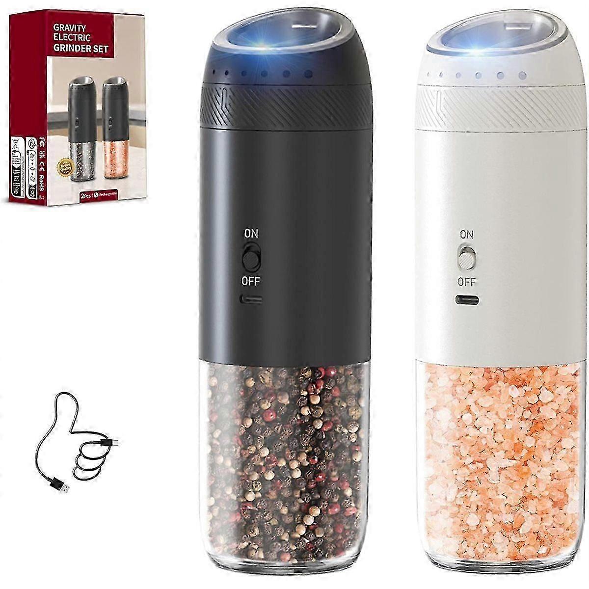Electric Salt and Pepper Grinder Set - Rechargeable Automatic Pepper Mill Gift Set with 6 Adjustabl