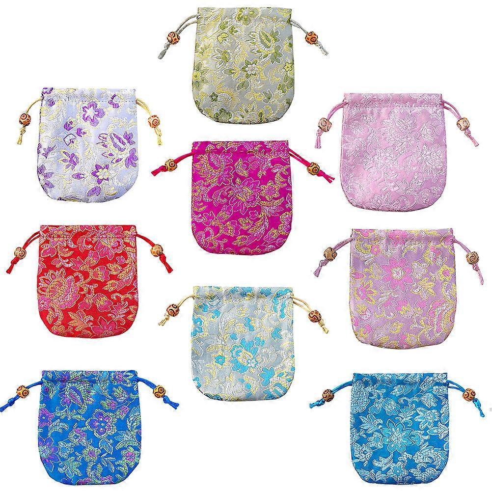 Blue Brocade Drawstring Candy Drawstring Pouch for Storage 9Pcs Portable Bags