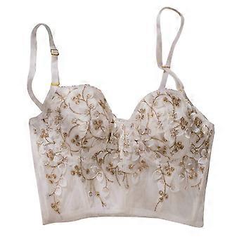 Sexy Damen-Bustier-Crop-Top mit floraler Mesh-Stickerei und passendem String-Höschen, Spaghettiträgern, gepolstertem Korsett mit Stäbchen und Camisole-Bralette, weiß