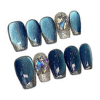 Handmade Blue Cat Eye Press On Nails Set Luxury Gel Nail Art with Durable Glossy Finish Medium Size
