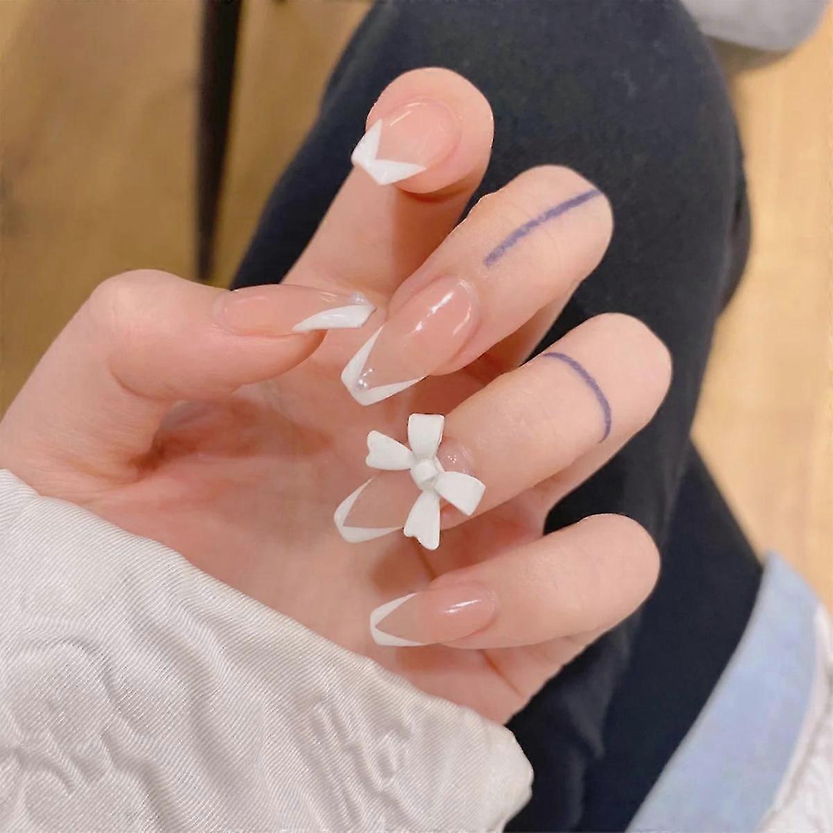 24pcs White Bow Nail Patch Sweet Style Glue Type Removable Long Paragraph