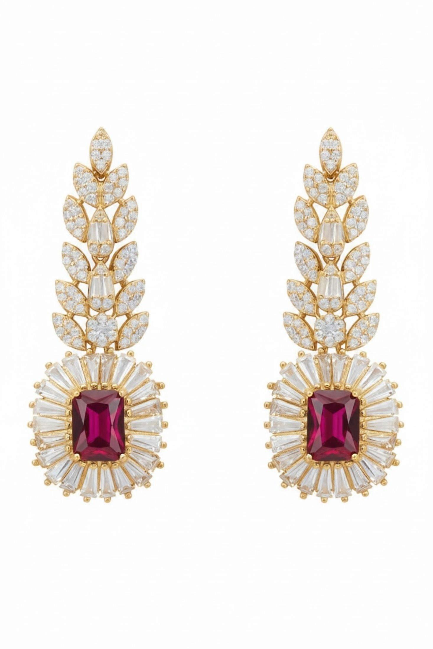 Latelita Ruby Gold Simulated Diamond and Lab Grown Ruby Drop Earrings for Women - 4.5cm/1.8cm