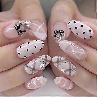 Medium Almond Press-On Nails: Pink French Tip with Rhinestones & Polka Dots, 24-Piece Set