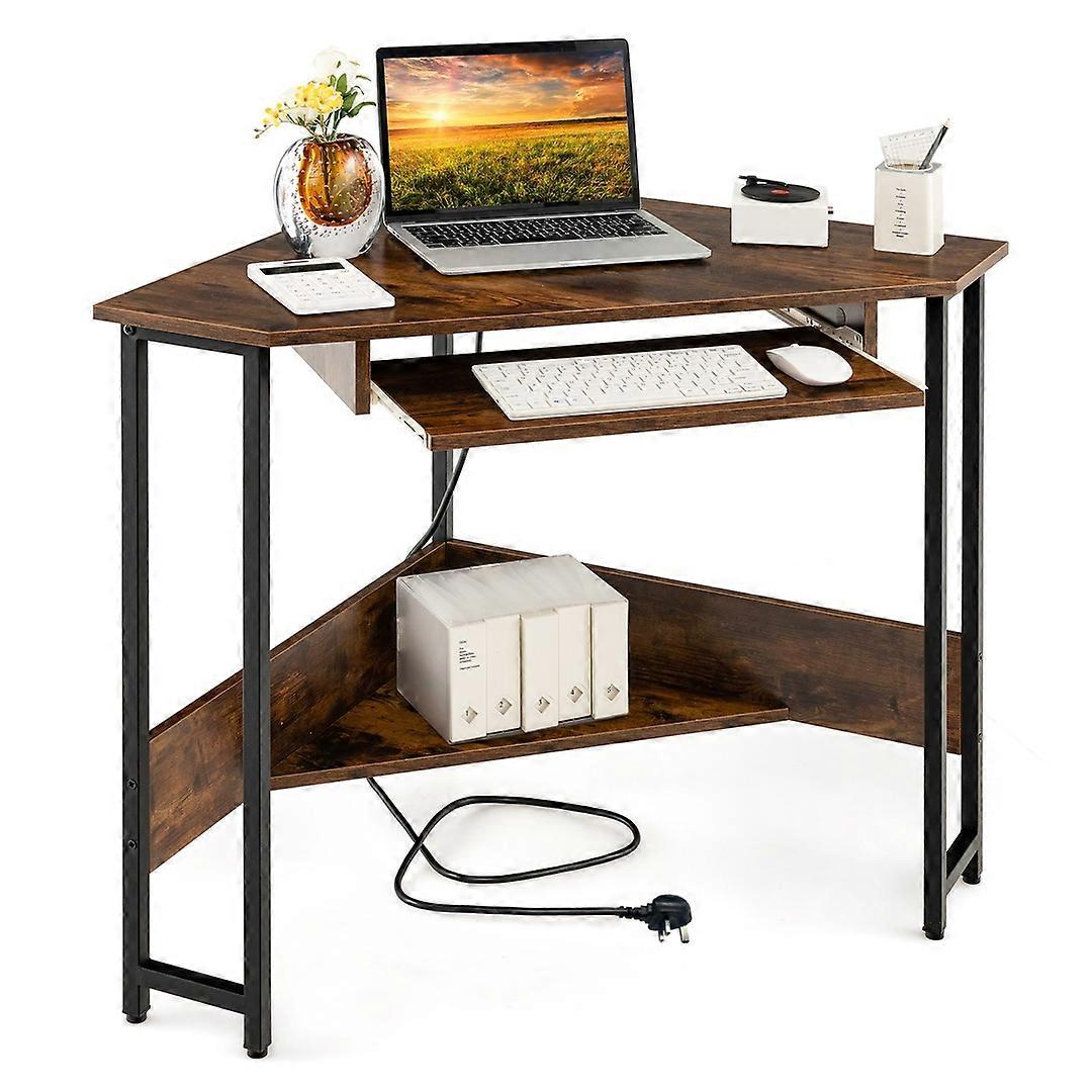Brown Small Corner Computer Desk With Power Outlets