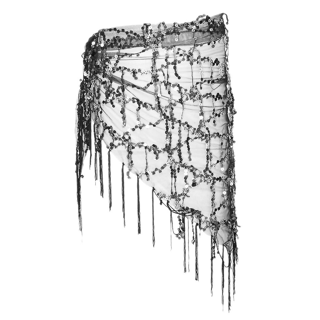 Belly Triangle Dans Hip Scarf Wrap Midjeband Kjol Paljetter Tofs Danskläder Svart