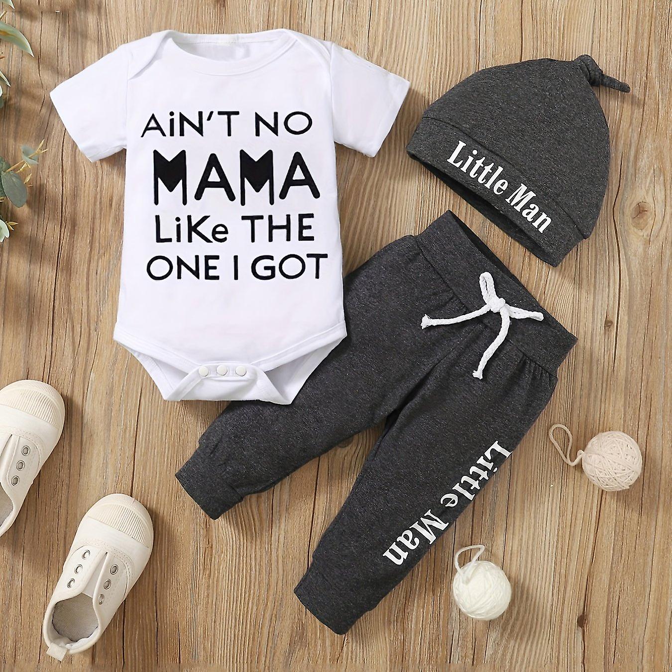 Cute & Casual Daddy And Me Letter Print Outfit - Short Sleeve Onesie Romper & Pants & Hat Baby Boys Set