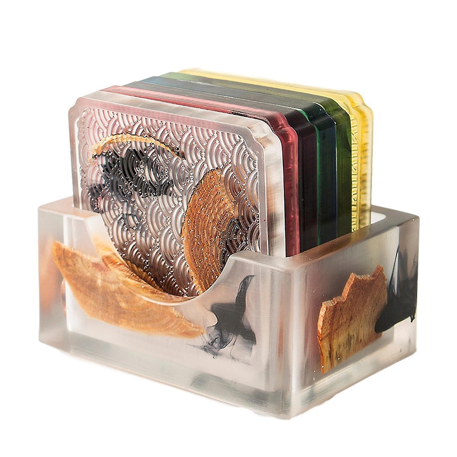 6 Pcs / Set Résine Montagnes russes en pin Sets de table résistants à la chaleur Tapis de boisson naturelle Thé Tasse à café Pad avec boîte de rangement Étanche antidérapant pour créatif H