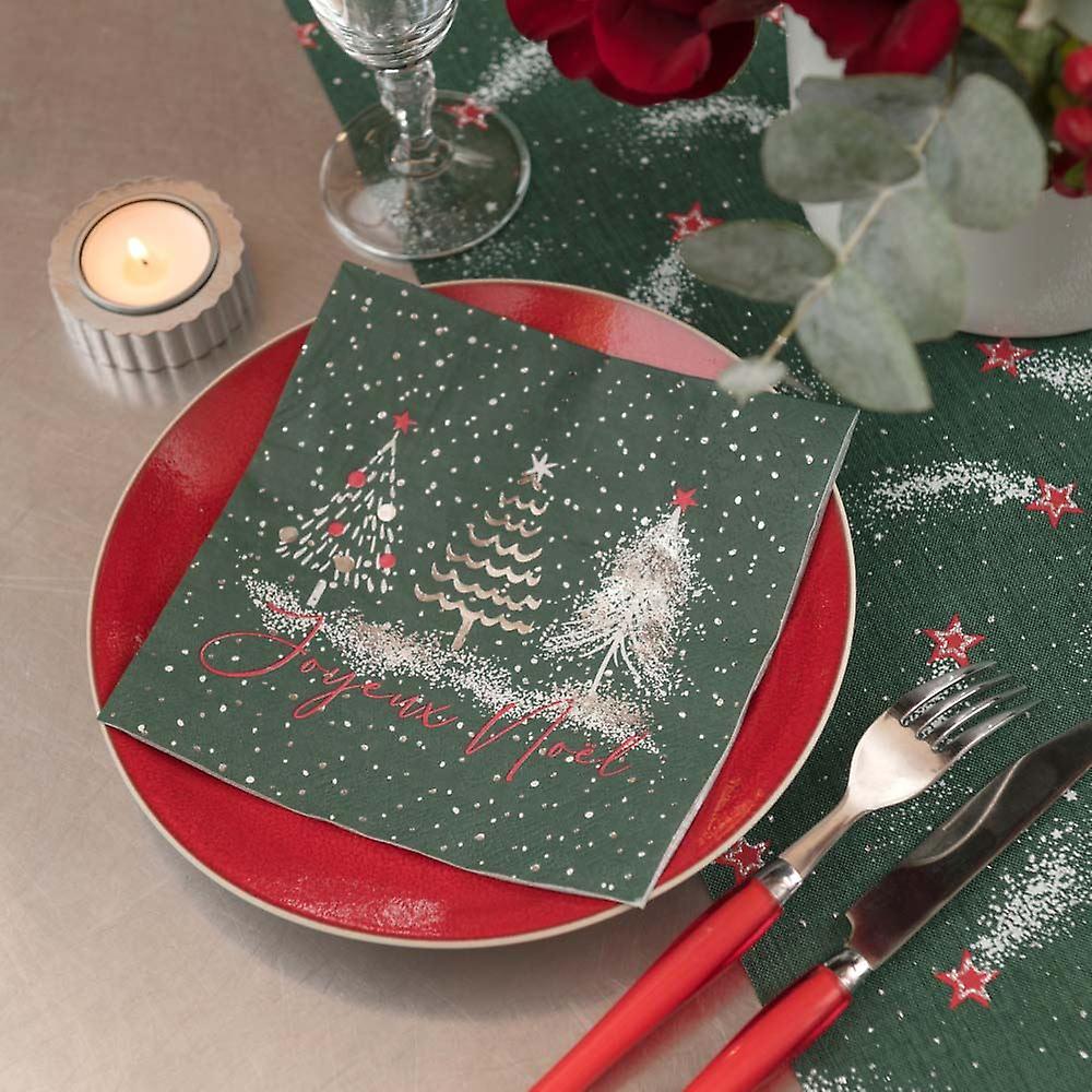 Joyeux Noel Green Christmas Napkins | Festive Party Tableware Silver Foiled x 10
