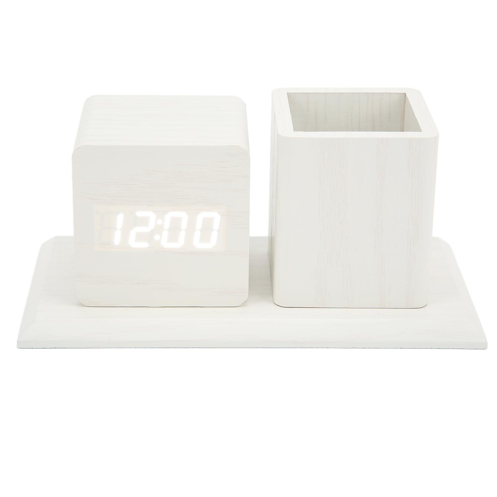 Pen Holder Clock Temperature Calendar Display 3 Level Brightness Adjustment Voice Control LED Digital Alarm Clock White Wood White Light 