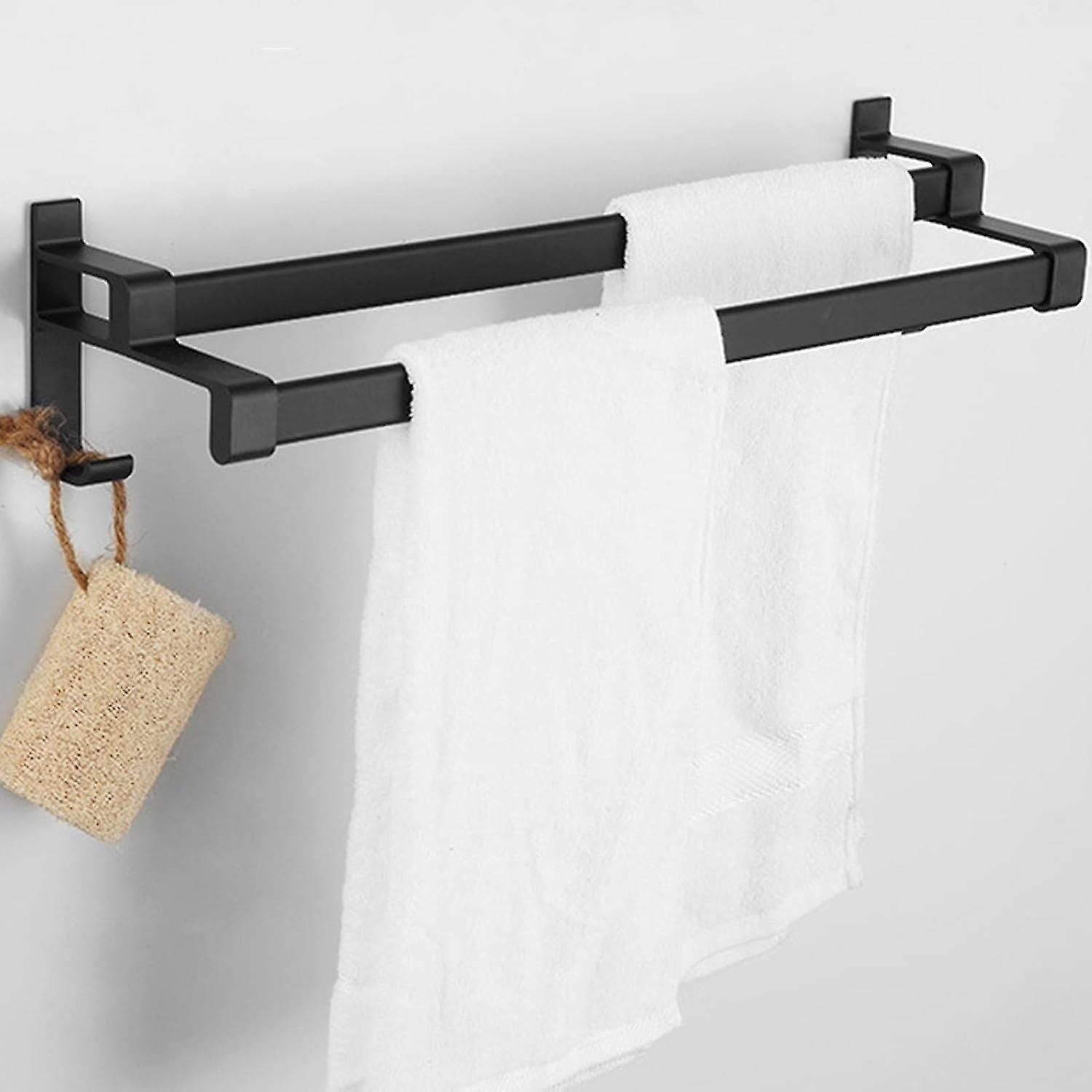 Adhesive Towel Rack, Matte Black Towel Rack, Towel Rack With Two Towel Racks and Hook, Non-Perforate