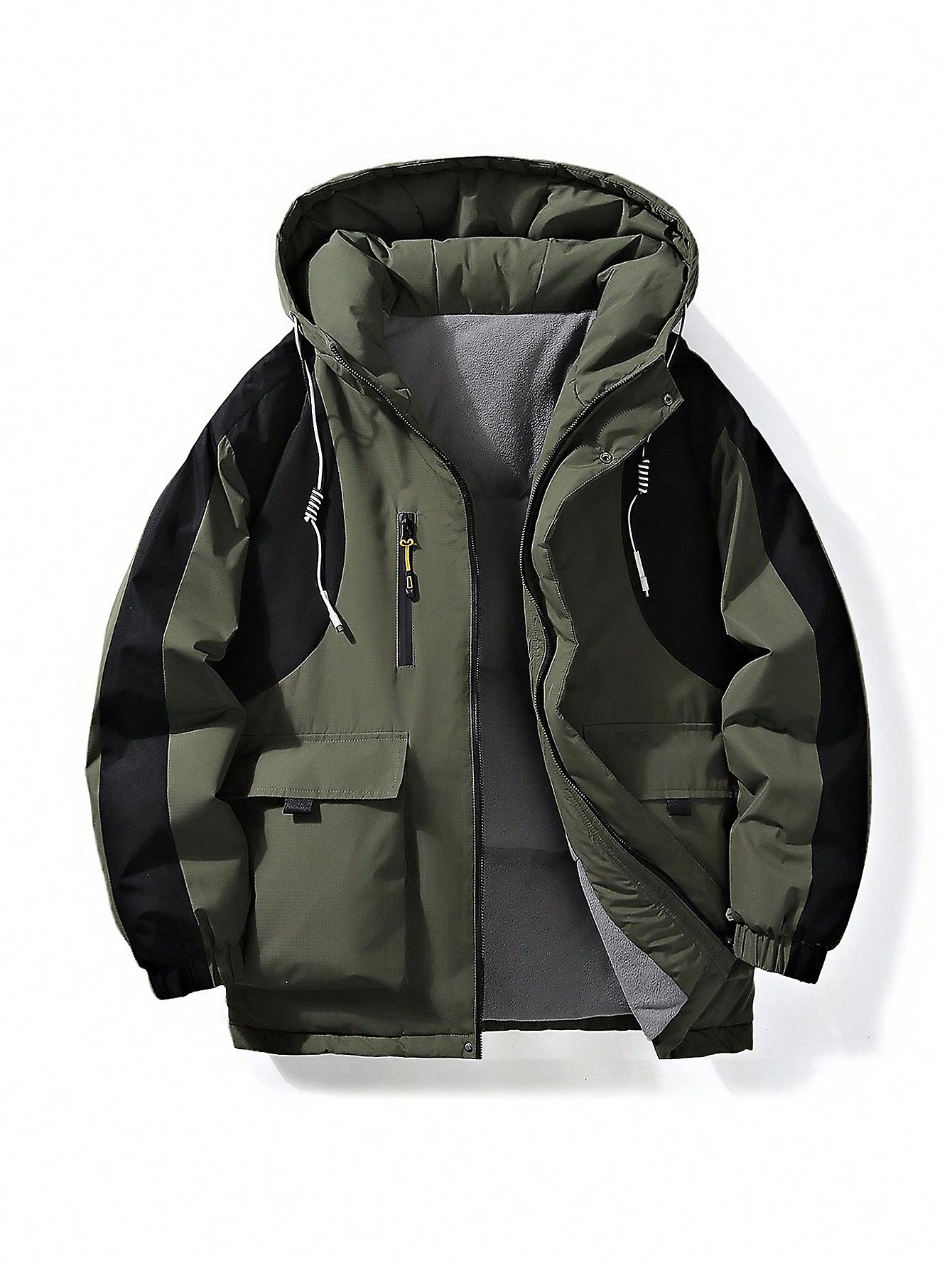 Men Flap Pocket Drawstring Hooded Winter Coat