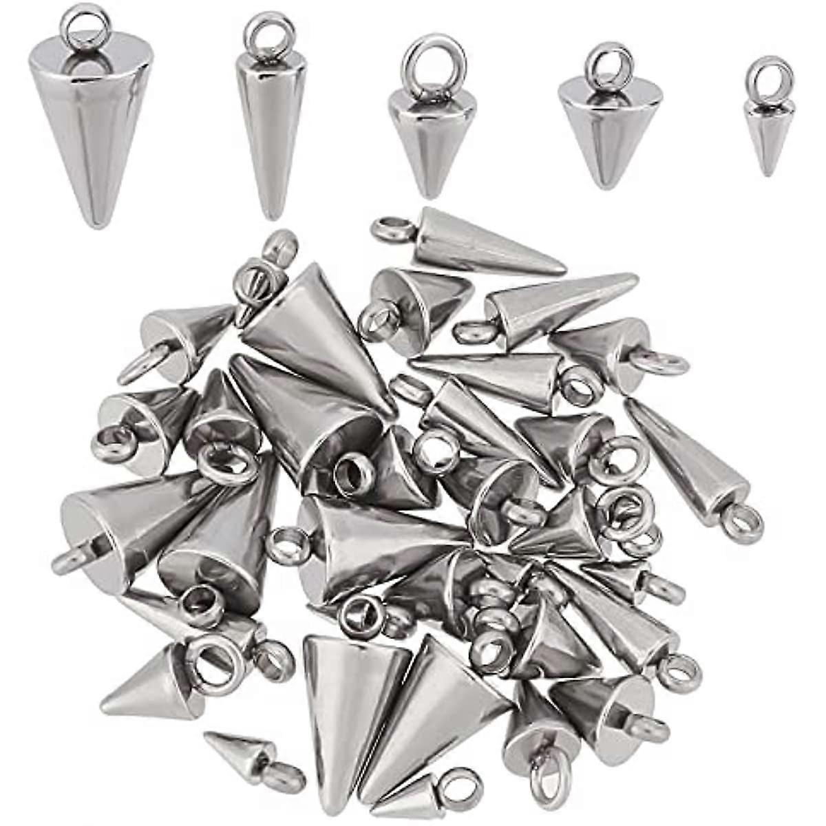 1 Box 40Pcs 5 Size Spike Beads Pendants Cone Drop Charms Stainless Steel Pendants Bullet Shape Polished with Loop for DIY Earrings Crafts Making Suppl