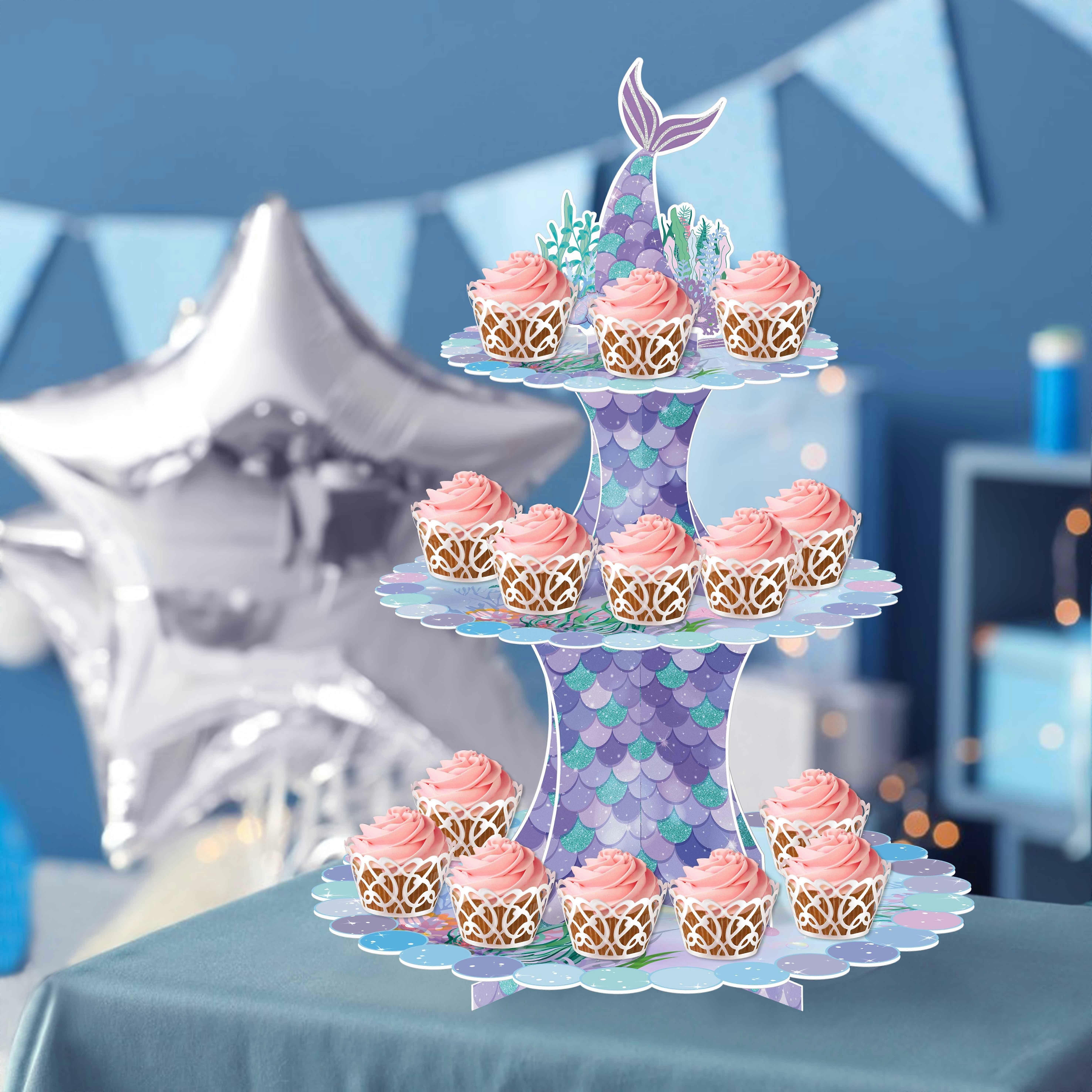 マーメイドカップケーキスタンド、3層パーティーデコレーション、マーメイドテーママーメイドテールカップケーキスタンド、ケーキホルダー、バースデーバッドバースデーデザートスタンド