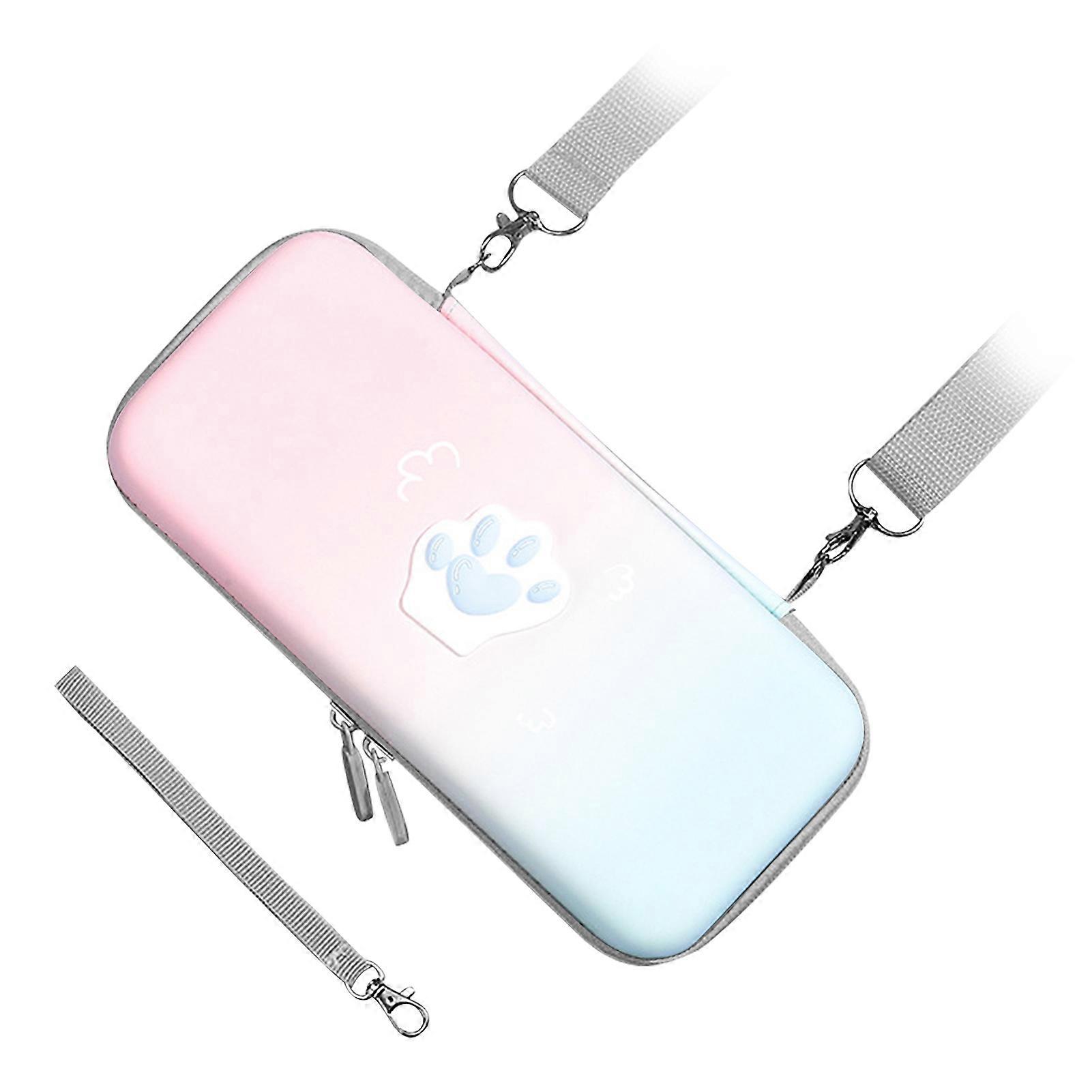 かわいい猫の足キャリングケースPUレザーハード保護カバー、ショルダーストラップとハンドロープ付きスイッチゲームコンソール用ピンクブルーグラデーション