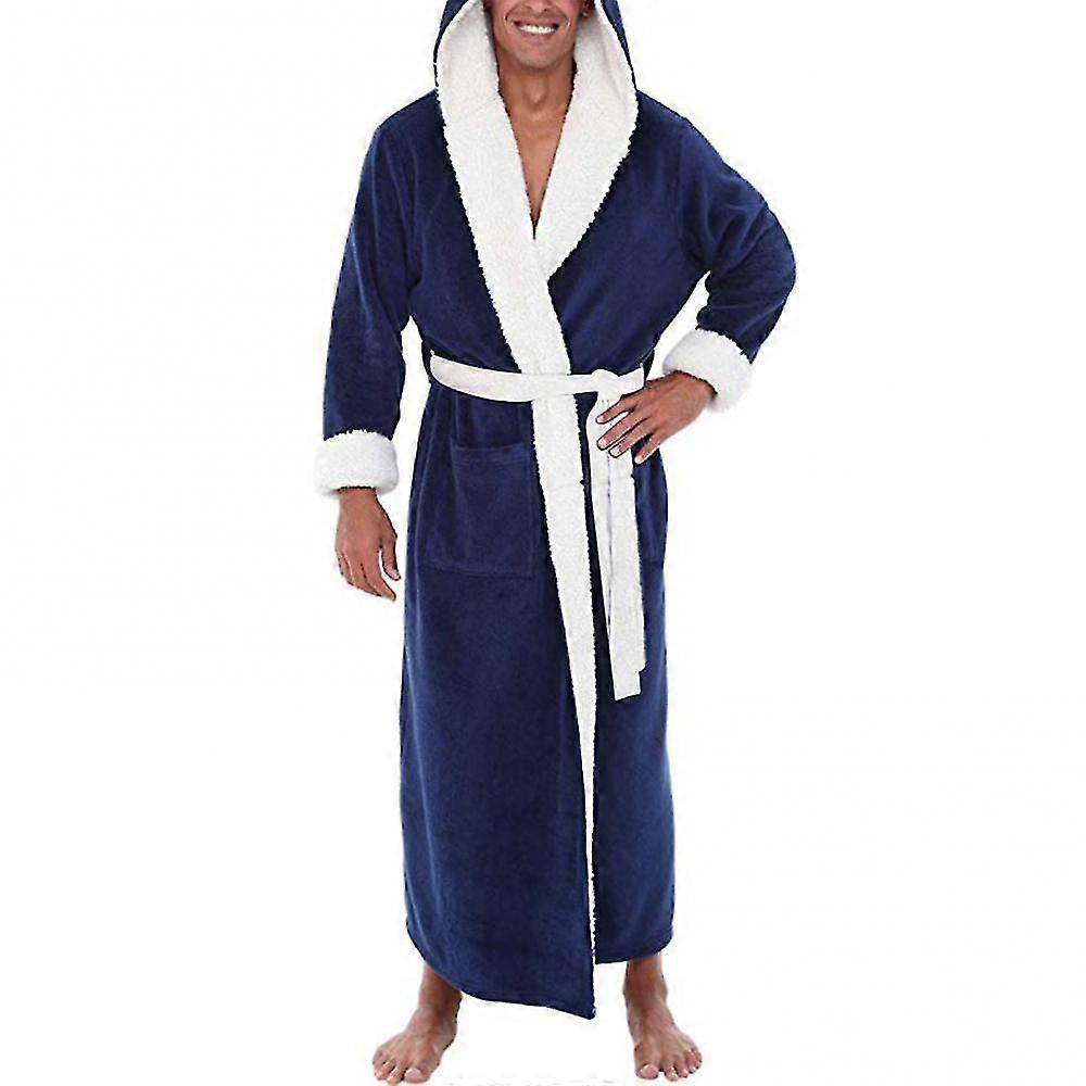 Pockets Soft Men Coral Fleece Color Block Long Bath Robe Home Gown Sleepwear-YuJia