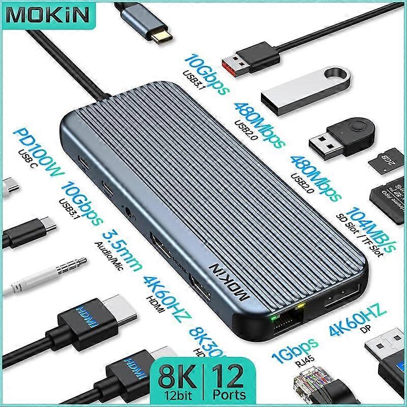 MOKiN 12 in 1 Docking Station for MacBook Air Pro iPad Thunderbolt Laptop USB3.1 HDMI 8K30Hz DP 4K60Hz PD 100W SD Audio