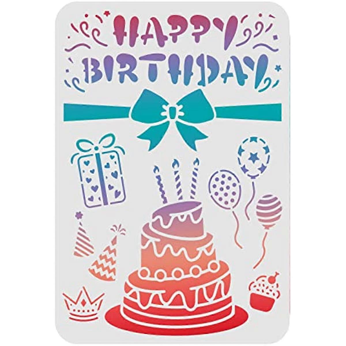 Happy Birthday Drawing Painting Stencils Templates 11.6x8.3inch Cake Pattern Plastic Stencils Decoration Rectangle Reusable Stencils for Painting on W