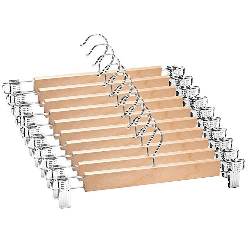 10 Pack Wooden Skirt Hangers with Adjustable Clips Non-Slip Trouser Hanger Natural Finish Lotus Woo