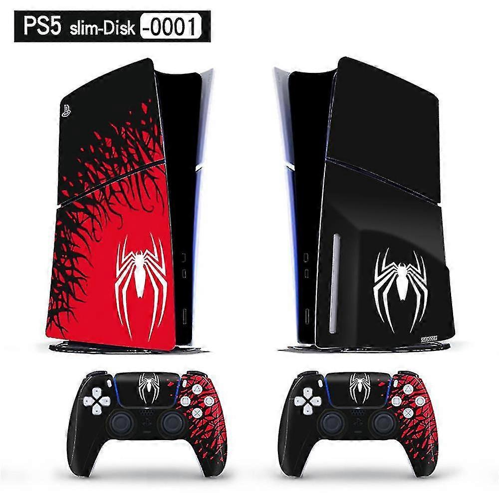 Playstation 5 Slim PS5 Slim Marvel Spider Man 2 접착 스킨 데칼 및 컨트롤러 스티커 세트, 긁힘 방지(디스크)