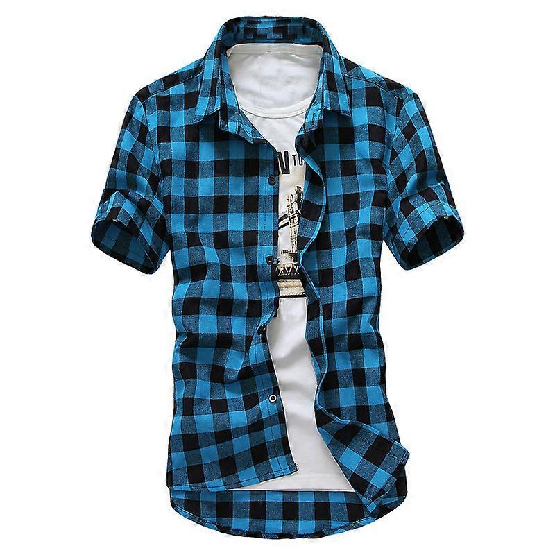 Summer Men's Shirts Short Sleeve Plaid Button-Down Tops