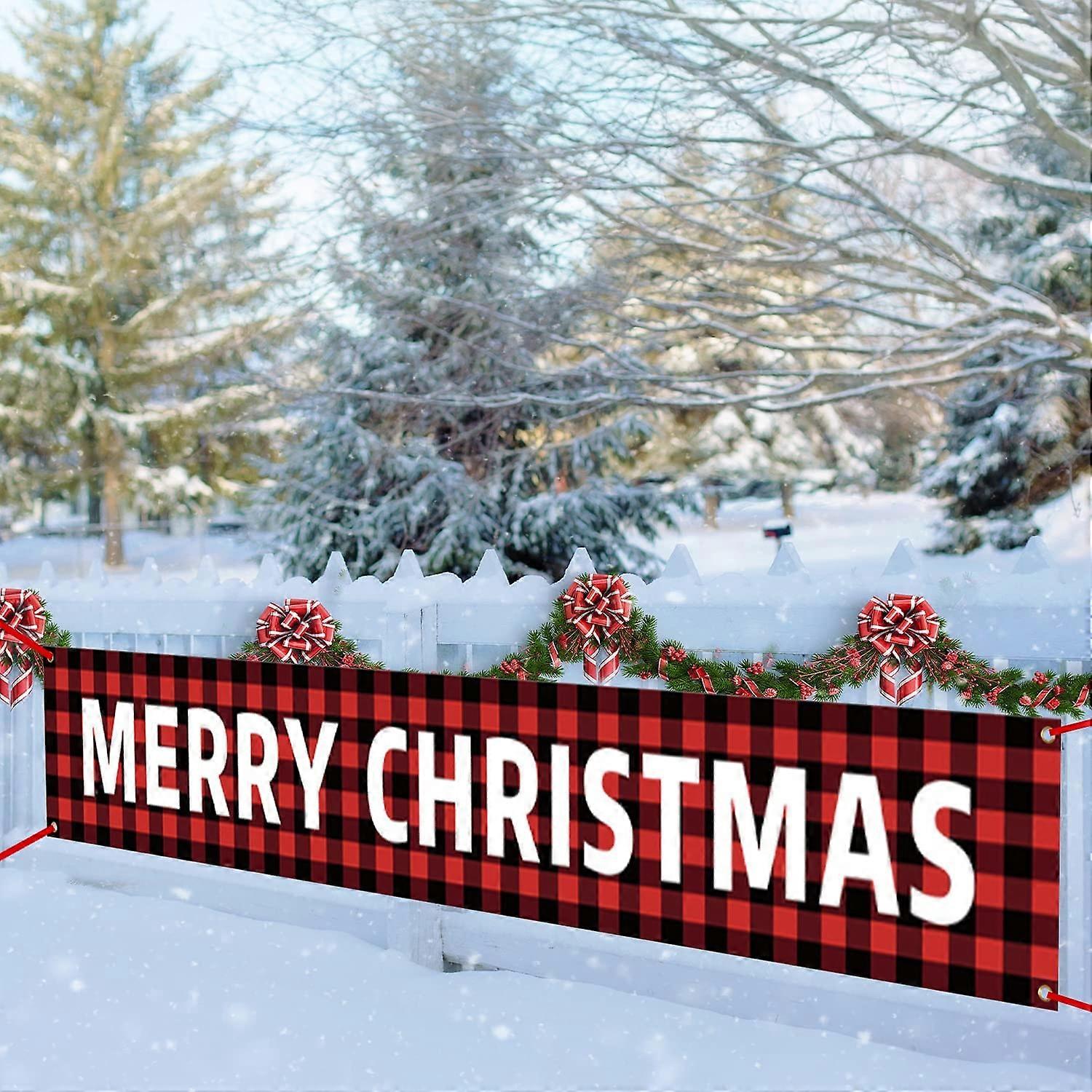 Μεγάλο Εύθυμο Χριστουγεννιάτικο Banner, Κόκκινο Καρό Χριστουγεννιάτικο Σημάδι Βουβάλου με Χιονάνθρωπο Χριστουγεννιάτικο Δέντρο Μοτίβο για Χριστουγεννιάτικο Πάρτι, Εξωτερική Εσωτερική Διακόσμηση, 9.8 x 1.6 Χρέωση