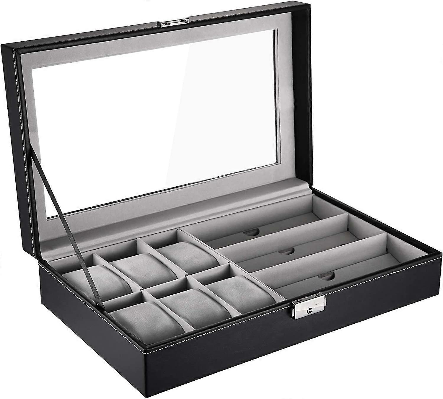 Watch Box Eyeglass Storage Box, Leatherette Watch Display Case Sundial Case Eyeglass Organizer Eyeglass Display Box with Lock Jewelry Box Gift for Men