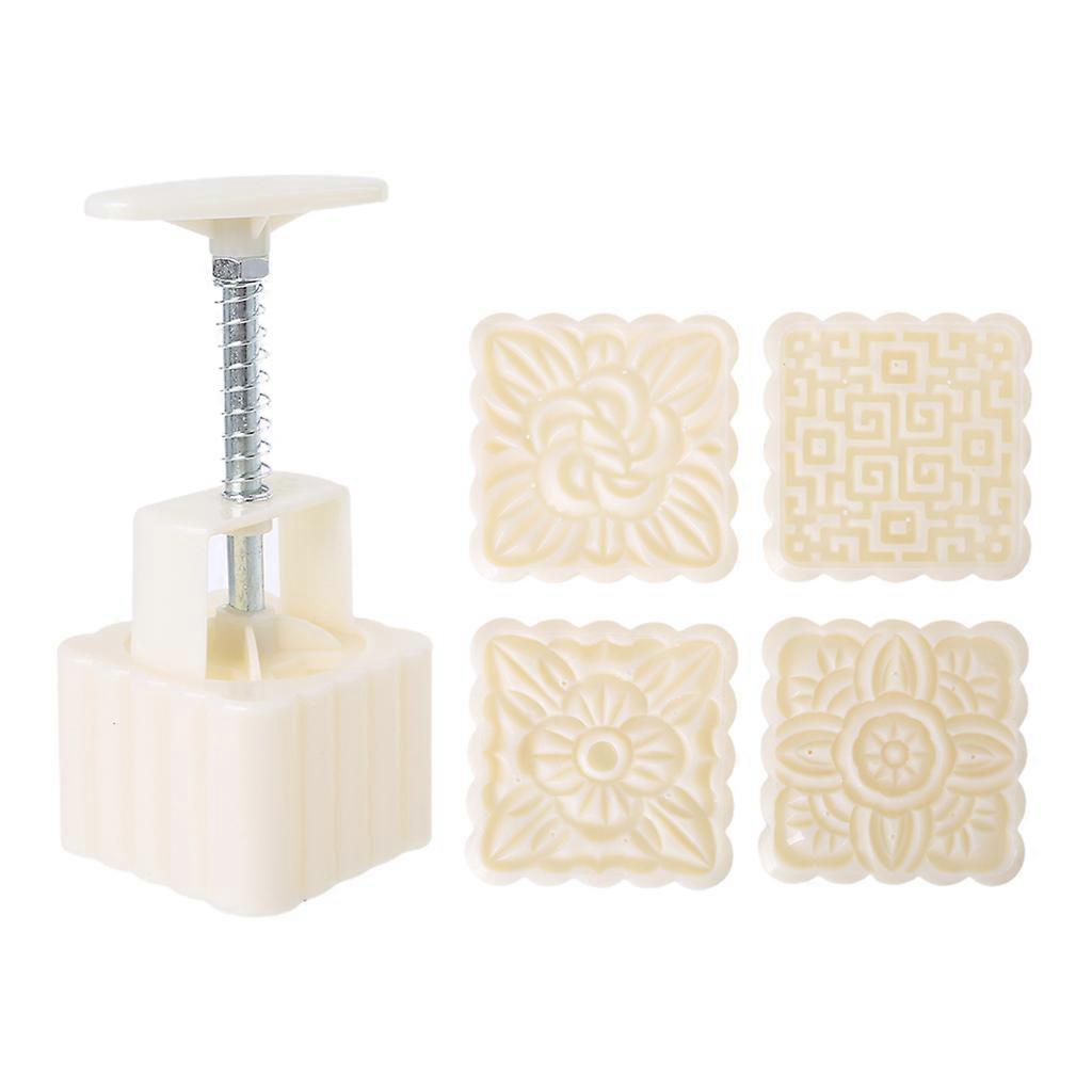 4pcs Square Hand Press Stamp Moon Cake Decor Barrel Mooncake Mold 100g DIY Tool