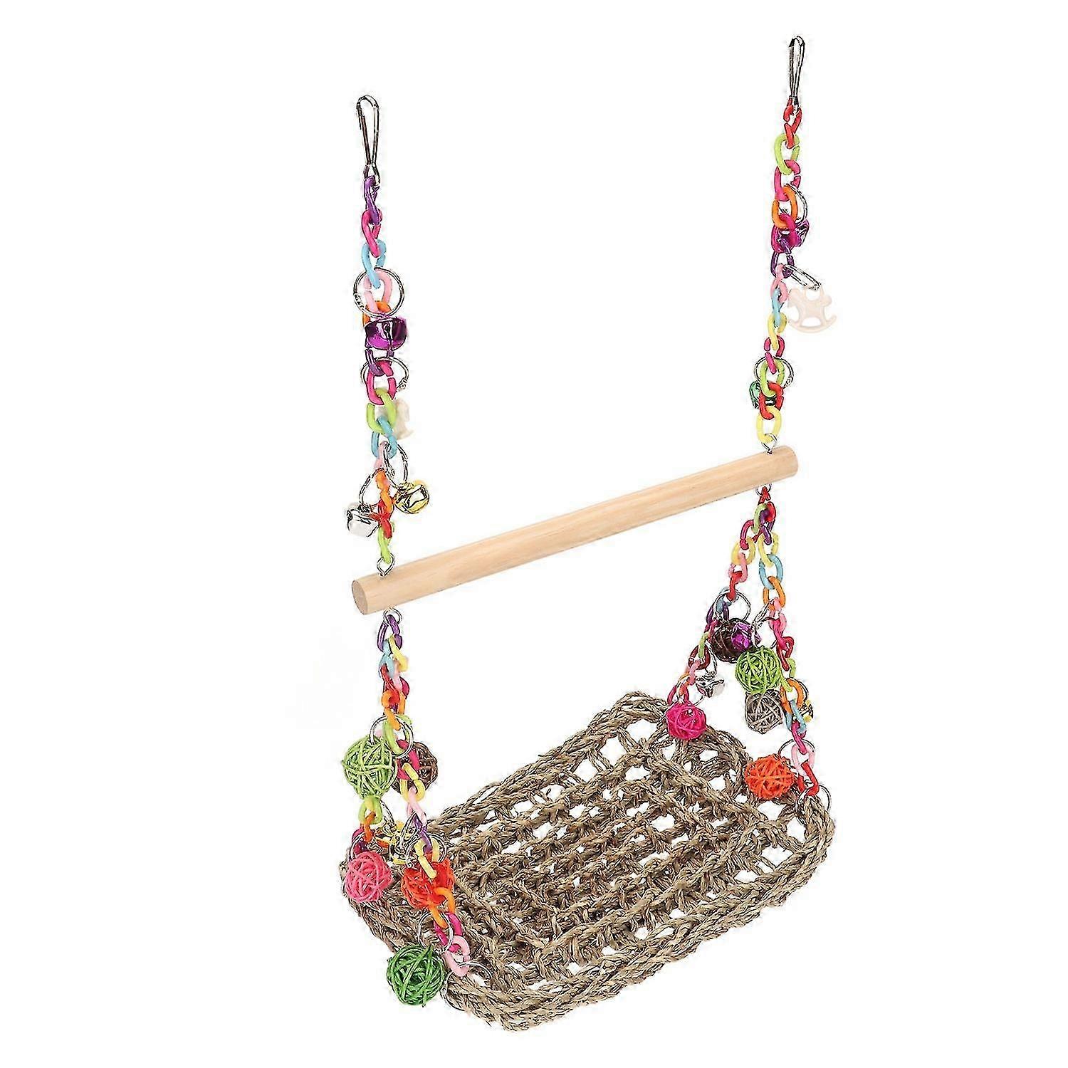 Bird Seagrass Swing Toys Colorful Rattan Balls Double Layer Parrot Climbing Hammock Swing with Wood