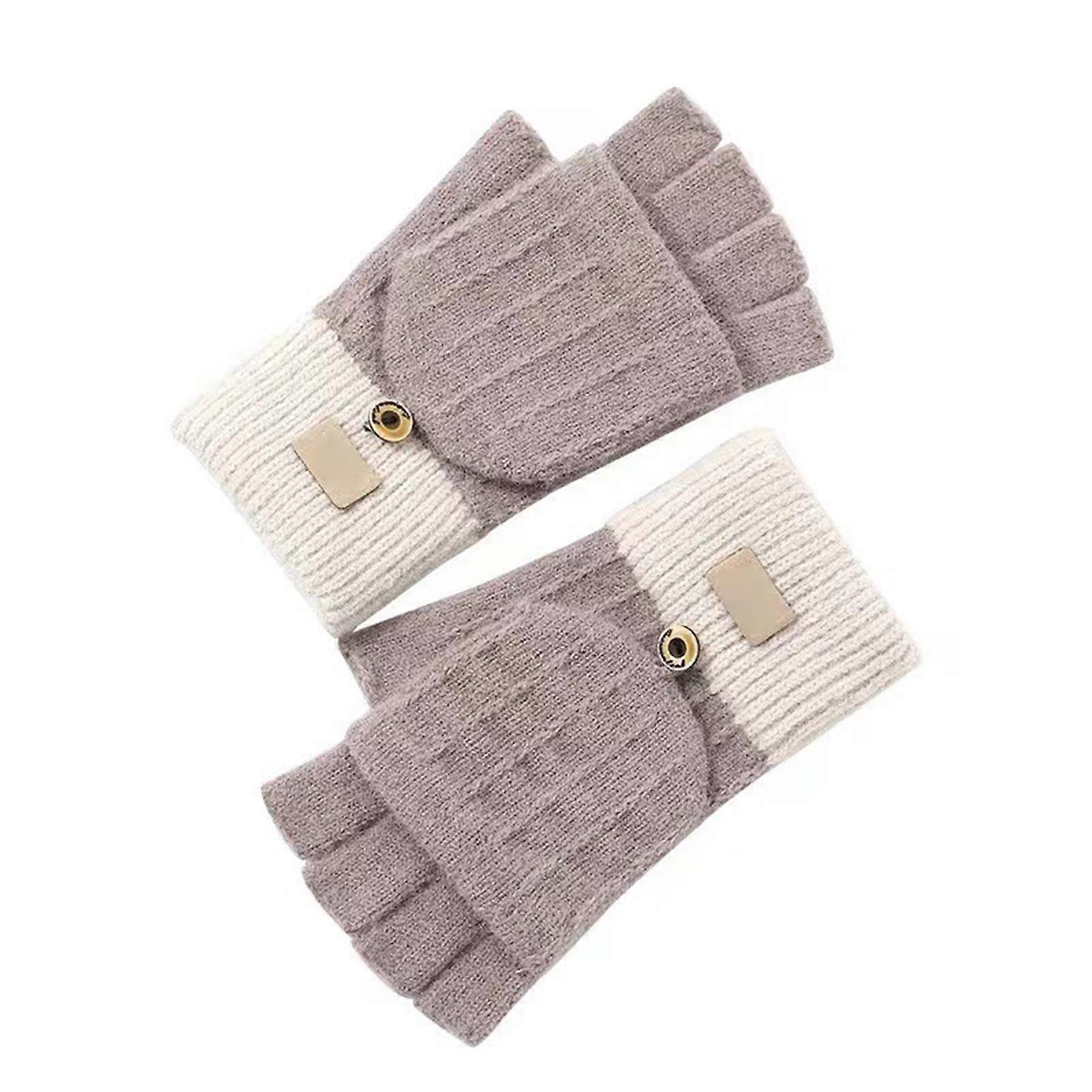 1 Pair Women Winter Gloves with Flipping Cover Thicken Knitted Elastic Anti-slip Gloves Contrast Color Thermal Insulation Fingerless Gloves for Cyclin