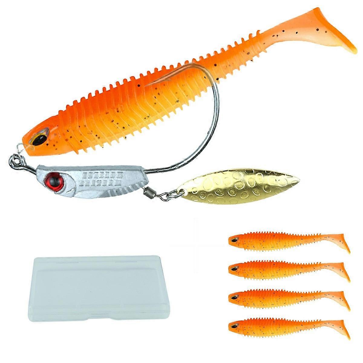 5 Fishing Lures 9.4g Bass Trout Soft Bait T-Tail Worm with 1 Lead Weight Sequin Spinner Hook - Orang