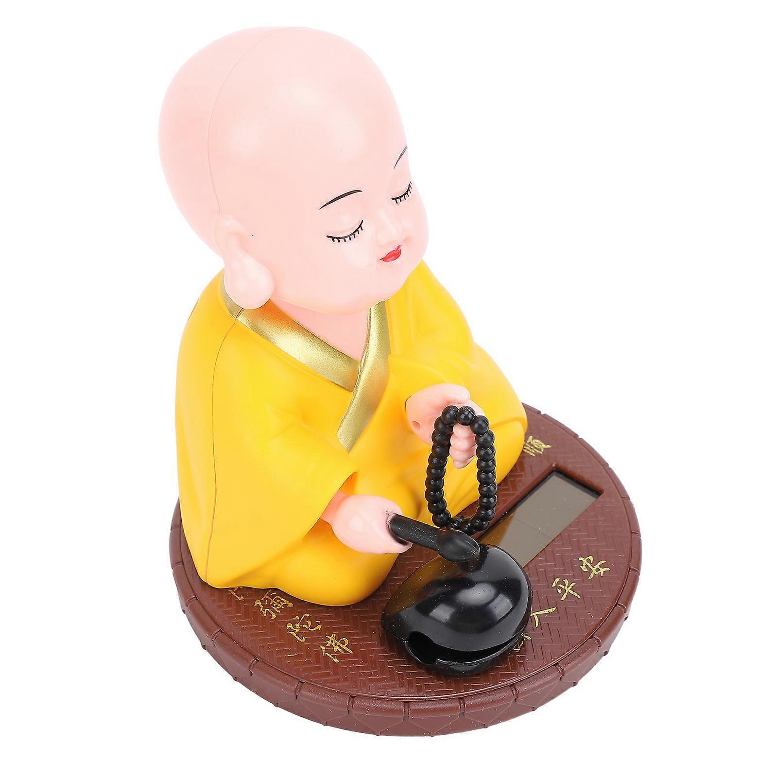 Little Monk Solar Figurine Funny Auto Nodding Knocking Chinese Monk Statue Toy Dashboard Ornament for Car Desktop Decor Yellow 