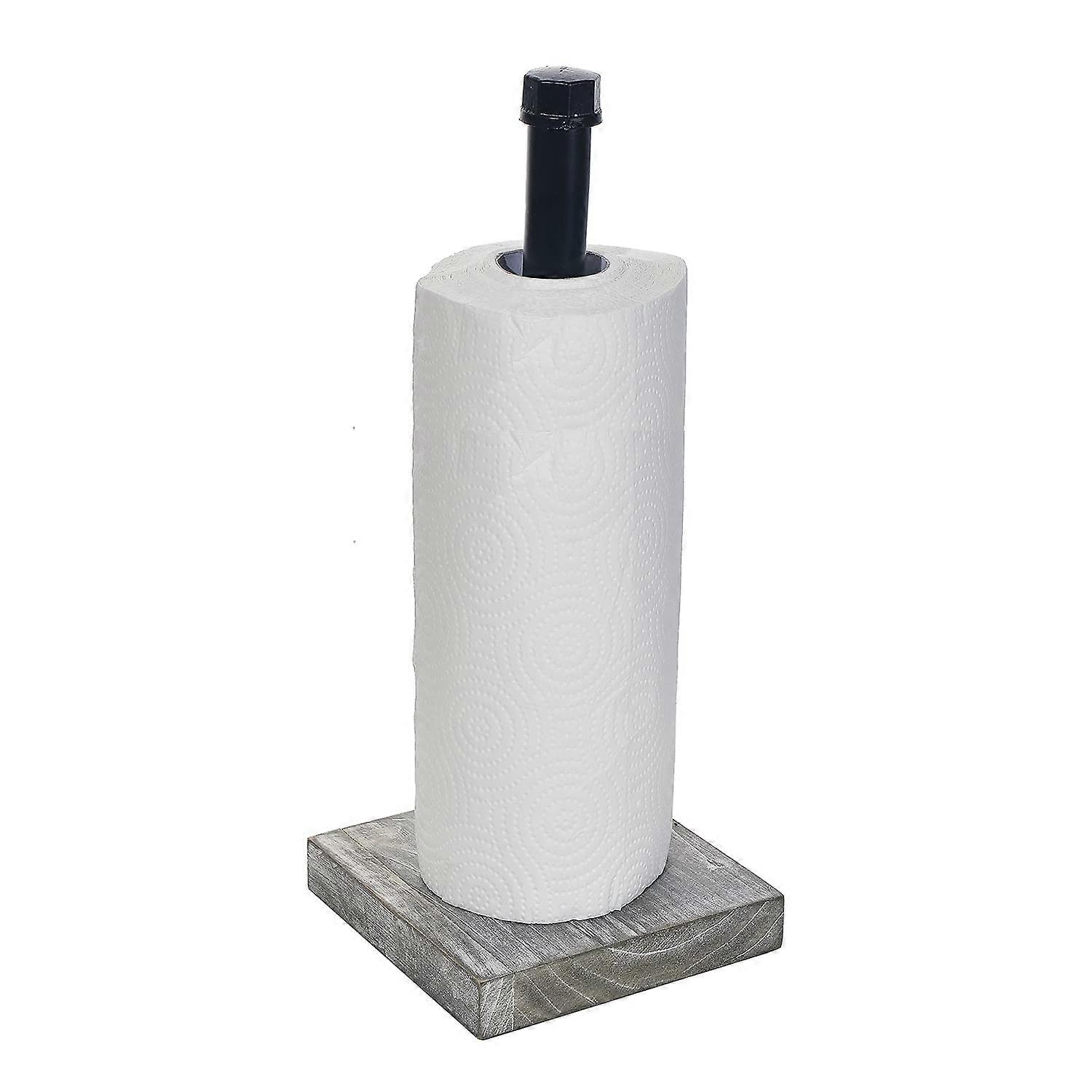 Rustic Industrial Iron Pipe Design Paper Towel Holder with Solid Wood Base for Kitchen GreyWhite