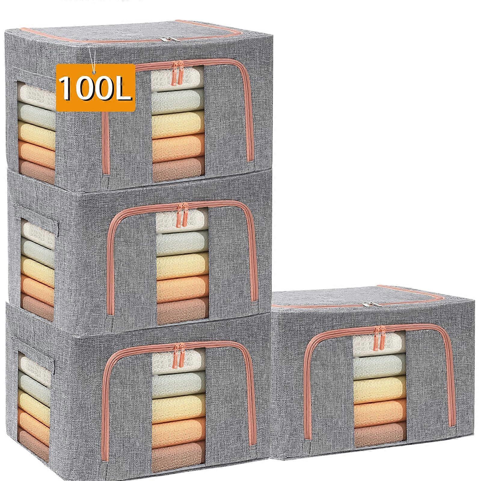 100L Large Storage Bags, Stackable Foldable Closet Organizers, Thick Fabric Zipper Bins with Clear Window, Gray, 4 Pack