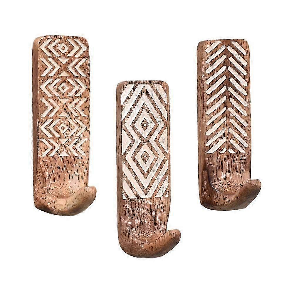3 Pack Non-Destructive Wood Wall Hooks - Adhesive Wall Hooks - Boho Decorative Wall Hooks