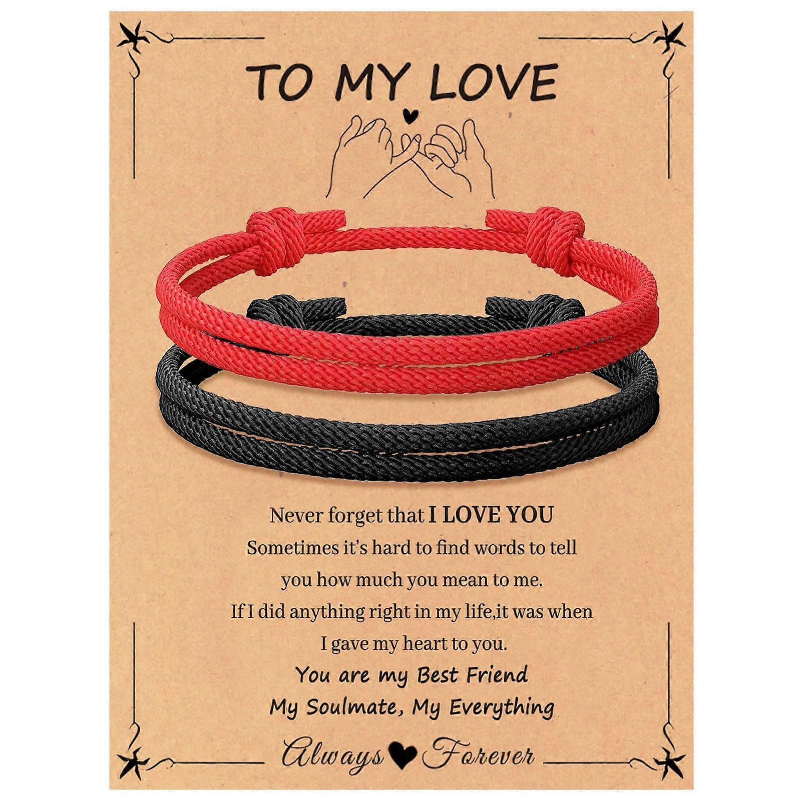 Double Bracelets for Couples Adjustable Rope Bracelet Set for Him and Her in Black and Red, Perfect for Pairing