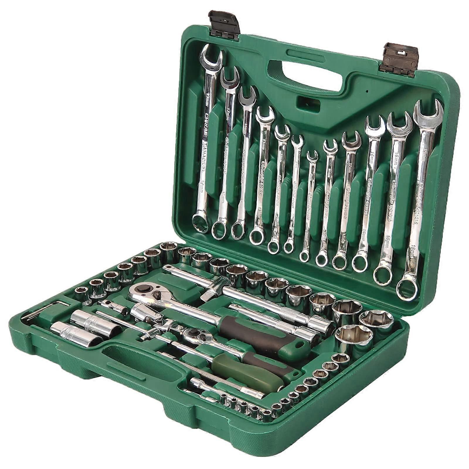 61-Piece Chrome Vanadium Steel Wrench Set with Ratchet, Complete Variety for Mechanic Use, Wide Application and Warranty