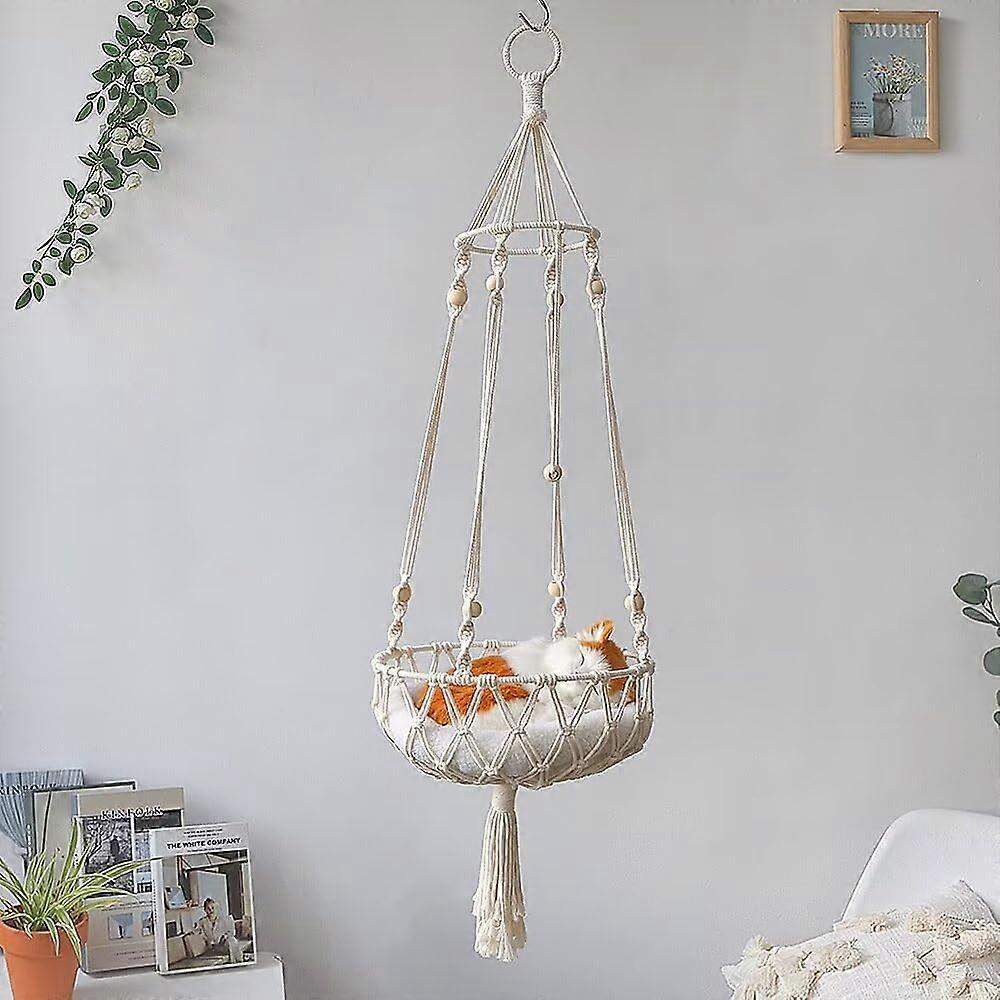 Hanging Cat Hammock Bed, Bohemian Handwoven Macrame Swing Bed for Cats, Soft Cotton, Indoor/Outdoor Use