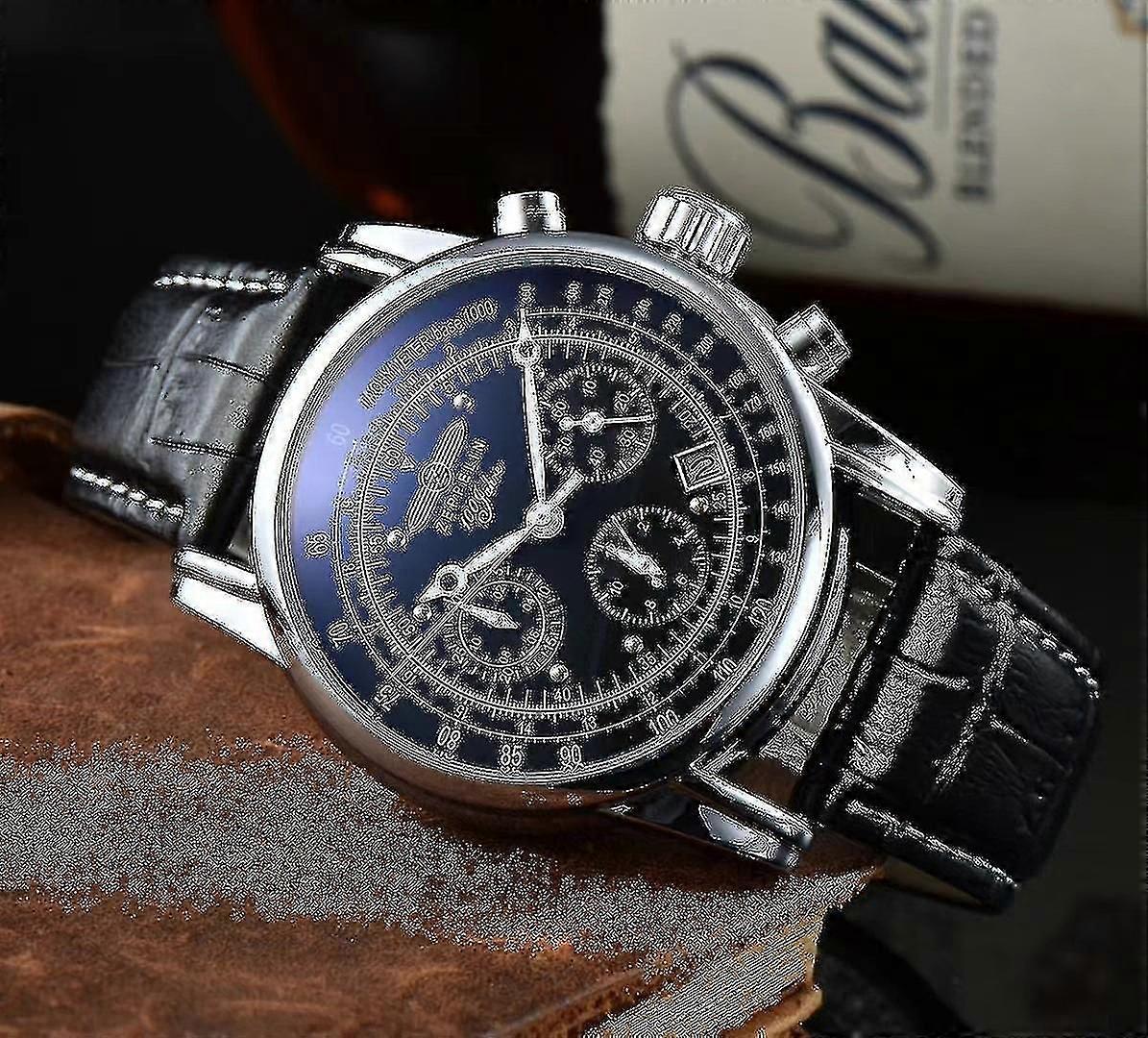 New Zeppelin Watch Top Waterproof Leather Business Casual Quartz Watch Men's Three Eyes Multifunction Chronograph Clock-yujia