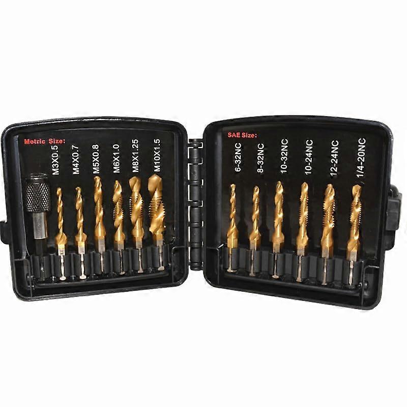 Drill Tap Set with Quick-Change Adapter of 13Pcs, 6 SAE Sizes: 6-32NC to 1/4-20NC, 6 Metric Sizes