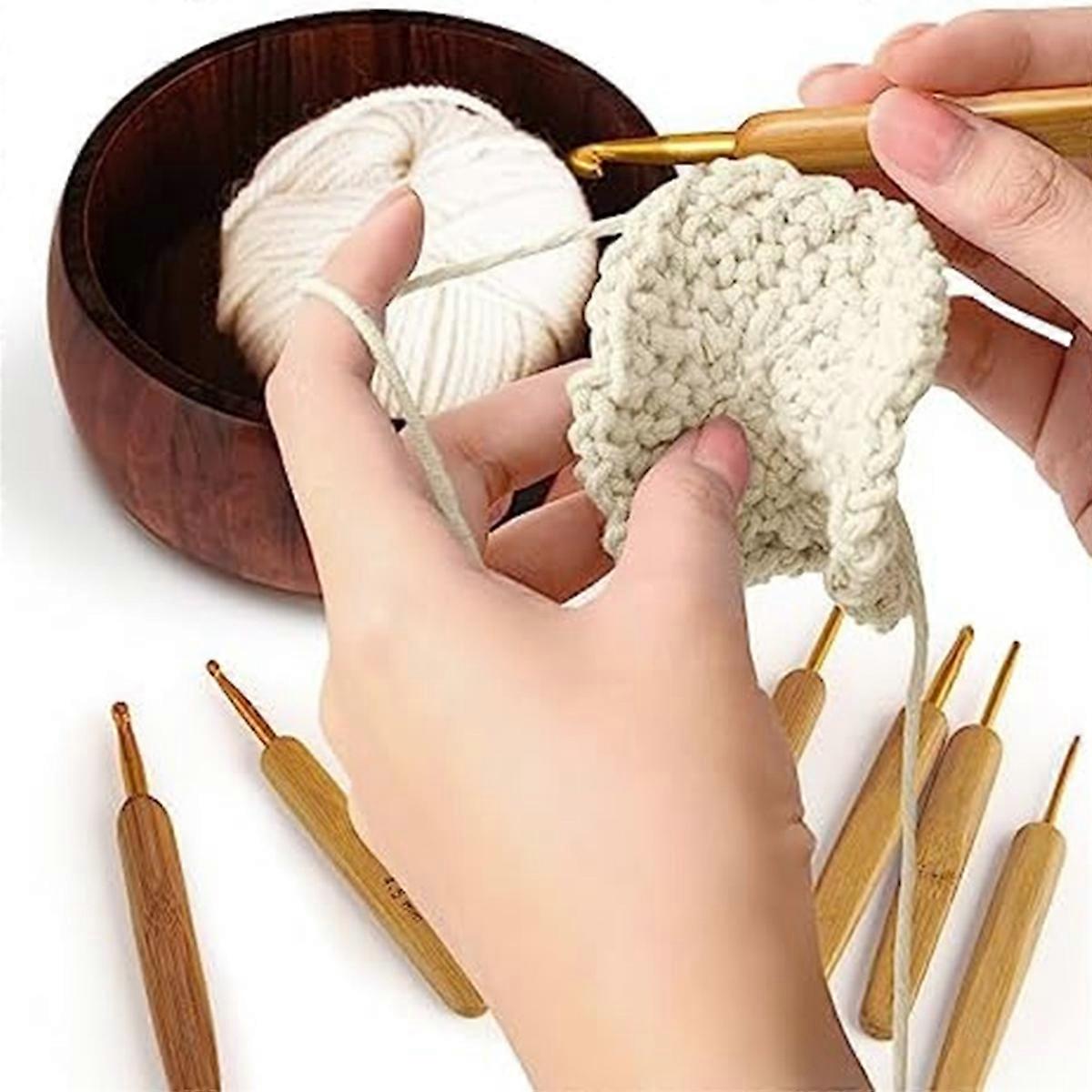 Wooden Yarn Bowl Holder, Craft Knitting Bowl with 8Pcs Crochet Hooks