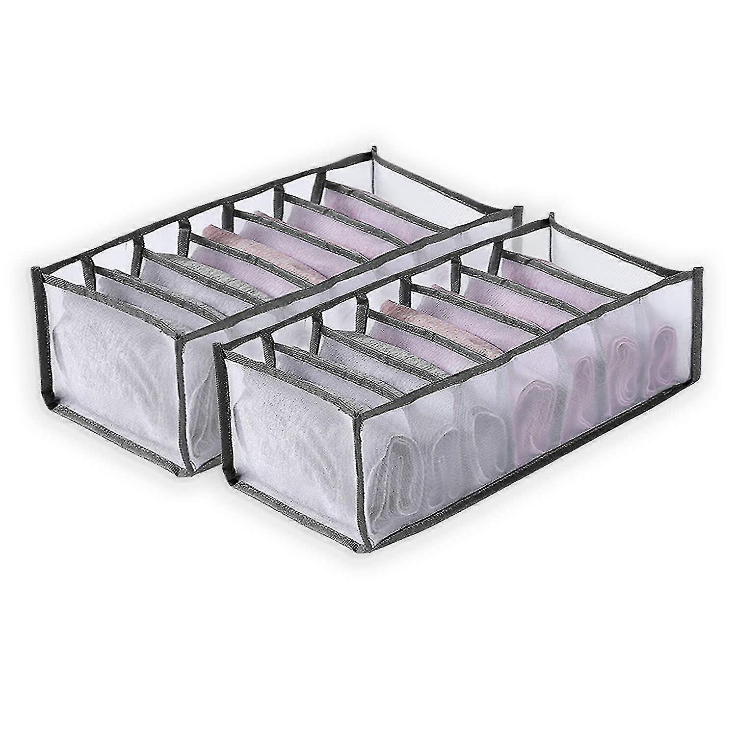 2 Foldable Drawer-Style Clothing Storage Boxes For Socks Bras, 7 Grids Gray