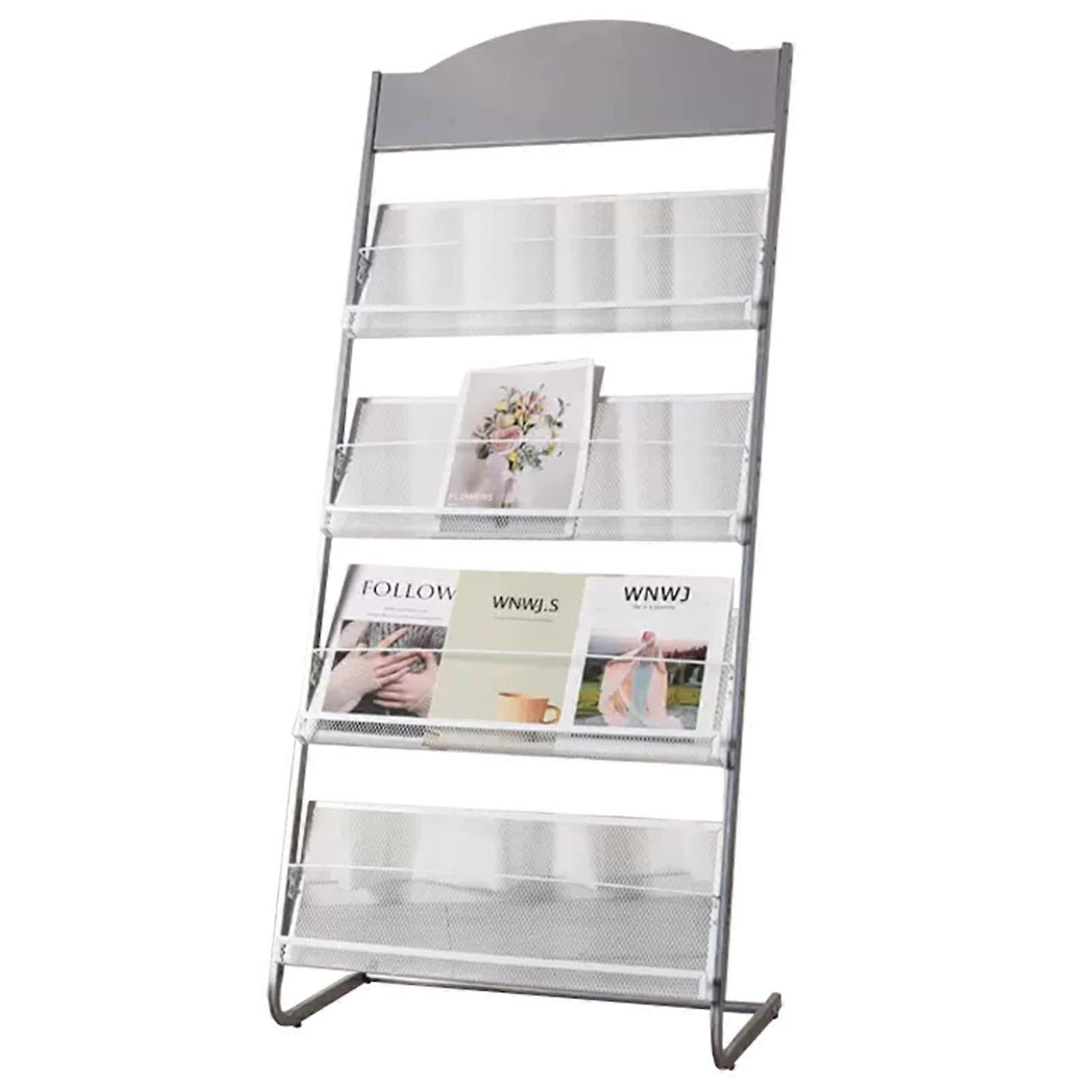 Magazine rack, floorstanding, newspaper stand, brochure rack, portable metal catalog rack, multipurpose shelf Silver