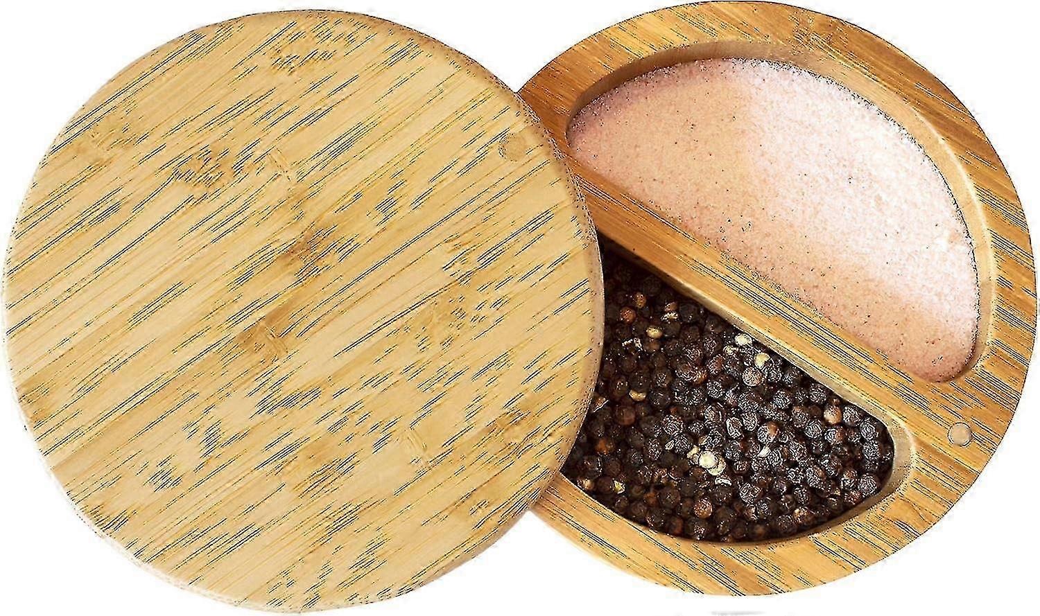 Bamboo Storage Container with Magnetic Lid for Salt and Spices - Two Compartments